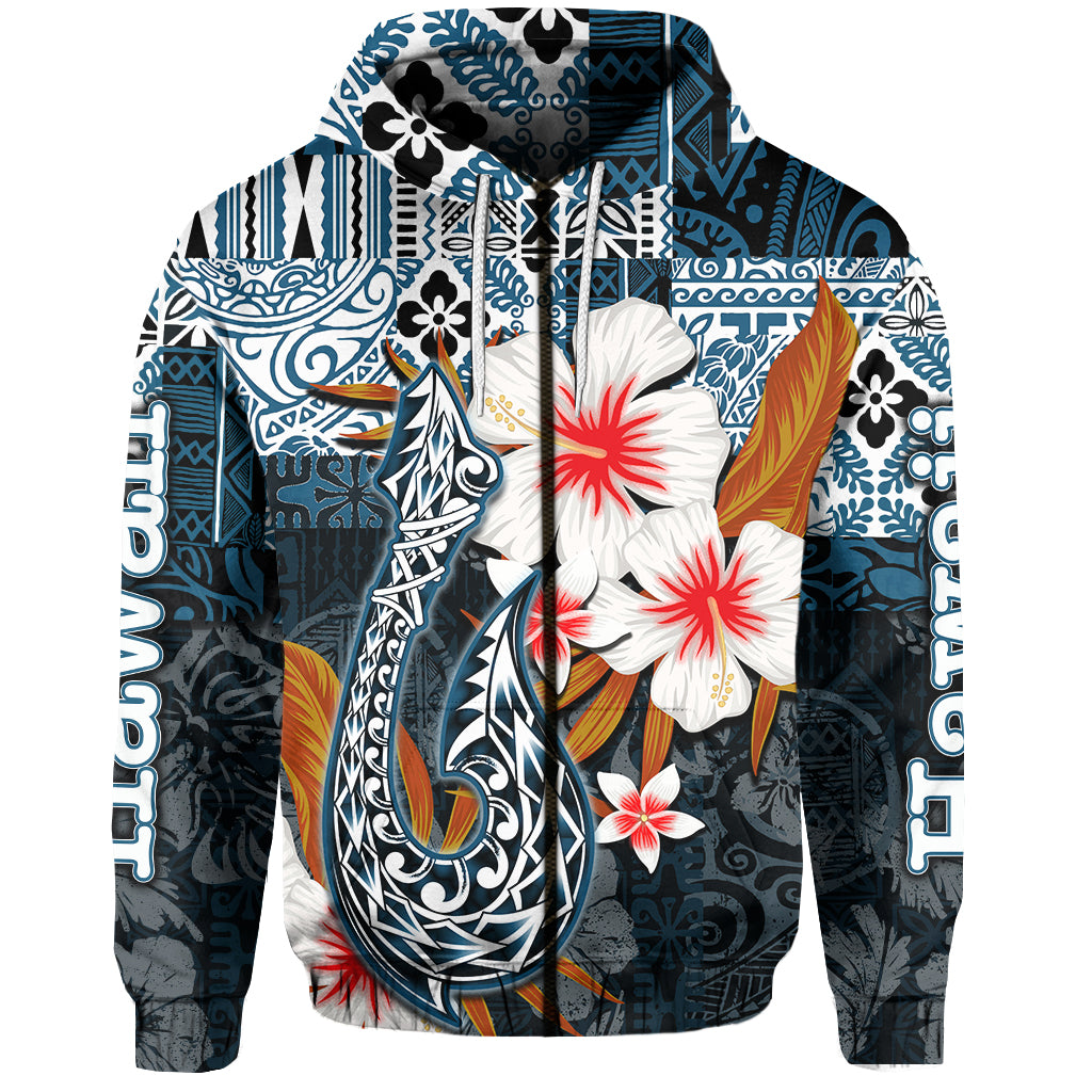 Custom Hawaii Fish Hook Zip Hoodie Blue Style LT6 - Polynesian Pride