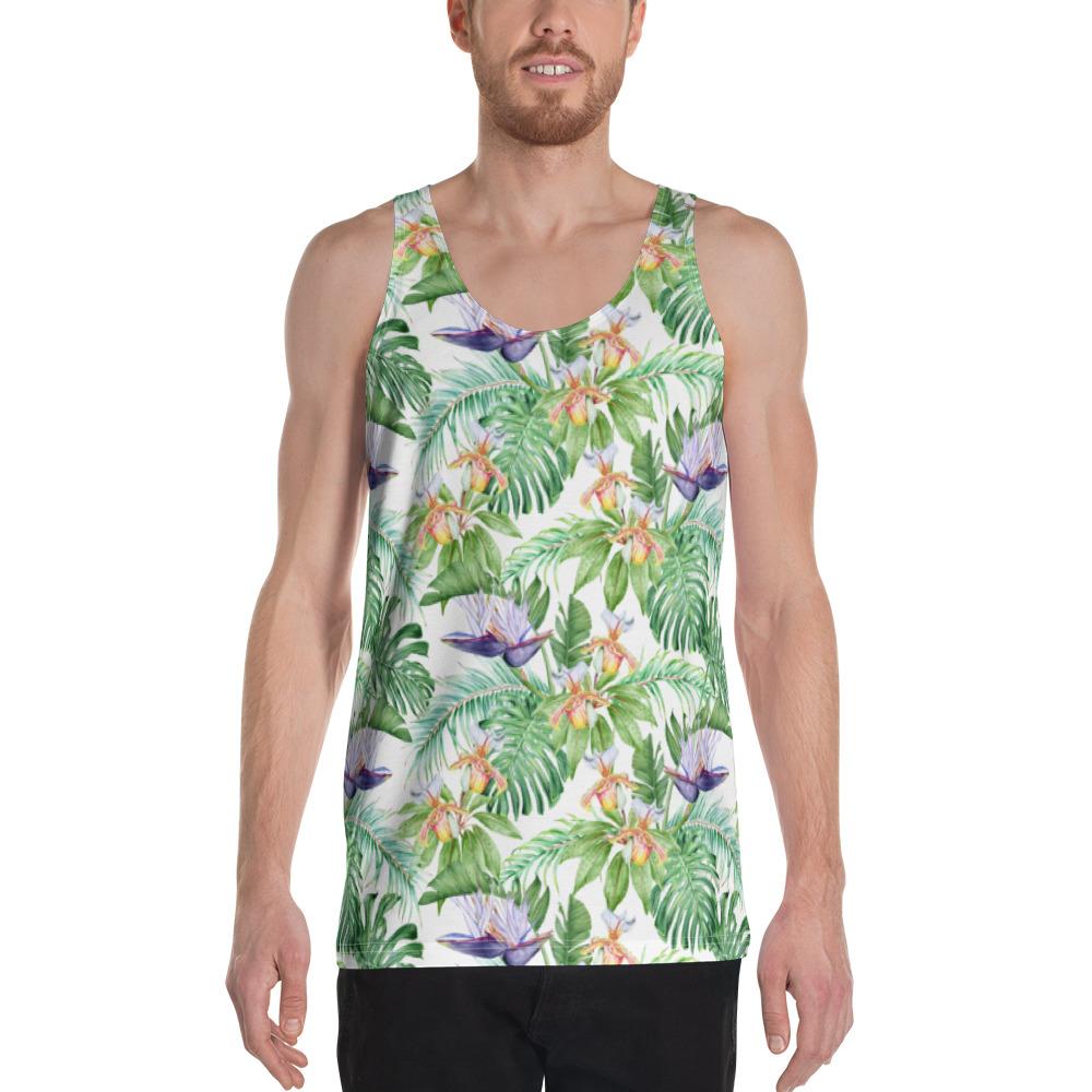 Tropical Orange Orchids Strelitzia Monstera Hawaii Men's Tank Top AH White - Polynesian Pride
