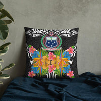 Samoa Pillow - Coat Of Arms With Tropical Flowers 22×22 Black Pillow - Polynesian Pride