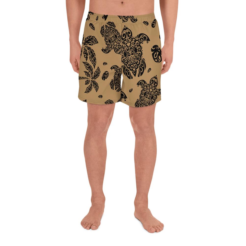 Polynesian Turtle Palm And Sea Pebbles Gold Men's Athletic Long Shorts Art - Polynesian Pride