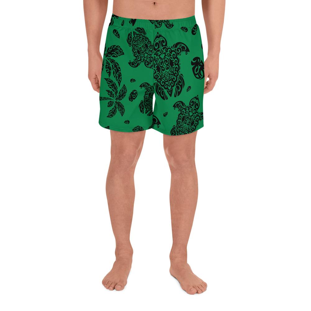 Polynesian Turtle Palm And Sea Pebbles Green Men's Athletic Long Shorts Art - Polynesian Pride