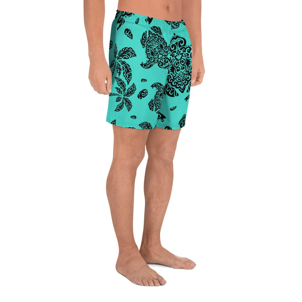 Polynesian Turtle Palm And Sea Pebbles Turquoise Men's Athletic Long Shorts - Polynesian Pride