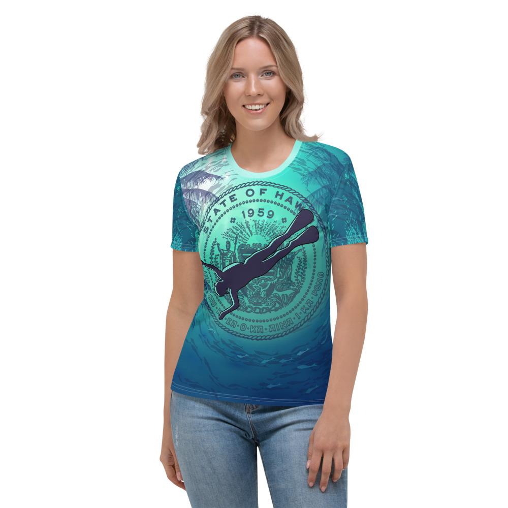 Hawaii Dive Coat of Arm Womens T Shirt Unisex Blue - Polynesian Pride