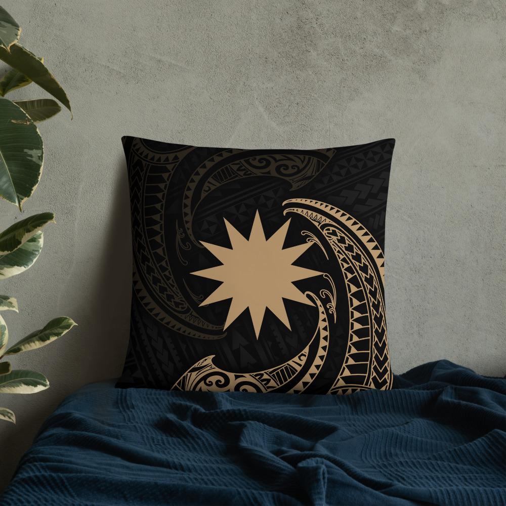 Nauru Polynesian Basic Pillow - Gold Tribal Wave Pillow 22×22 Black - Polynesian Pride