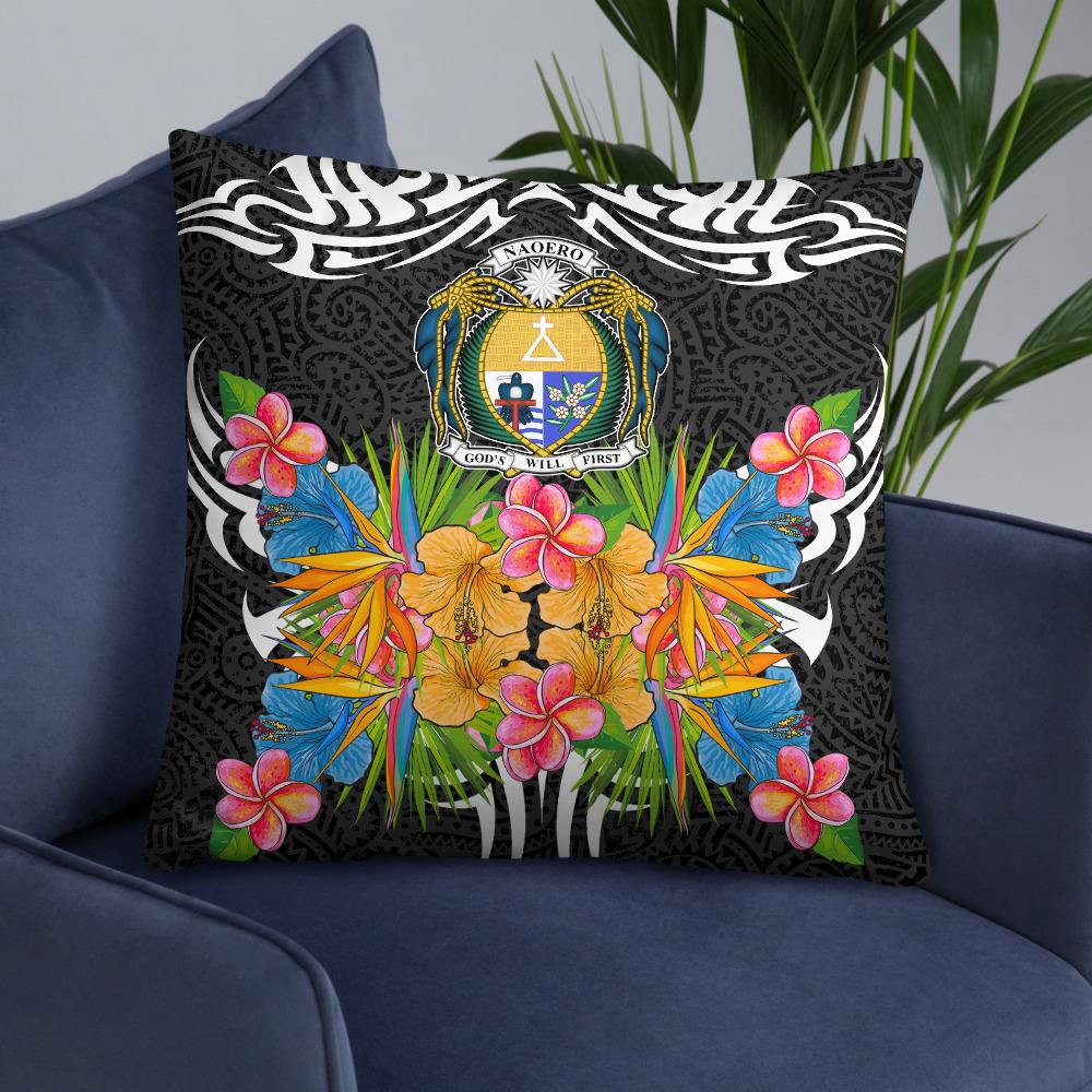 Nauru Pillow - Coat Of Arms With Tropical Flowers - Polynesian Pride