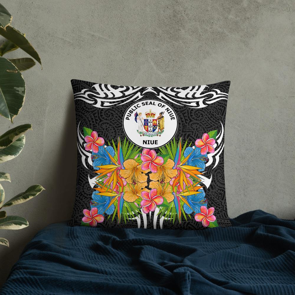 Niue Pillow - Coat Of Arms With Tropical Flowers - Polynesian Pride