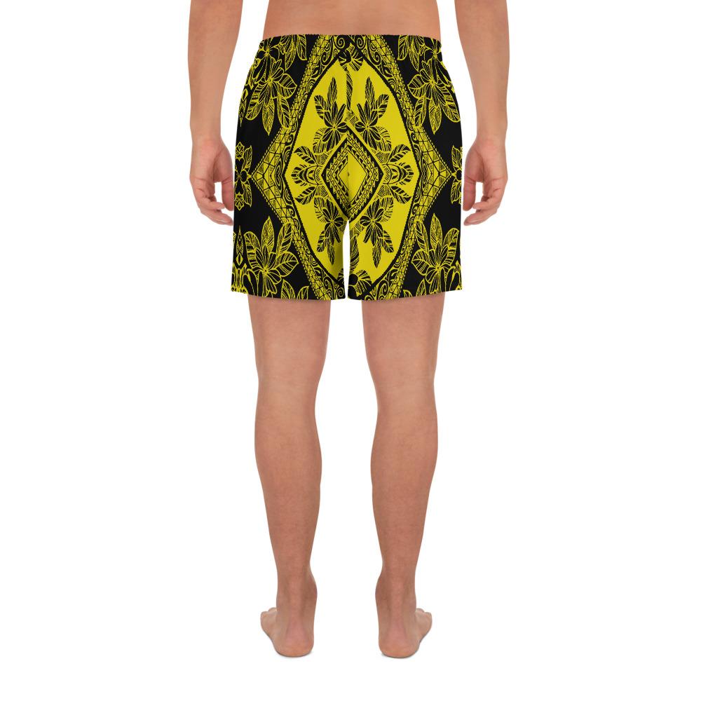 Polynesian Plumeria Mix Yellow Black Men's Athletic Long Shorts - Polynesian Pride