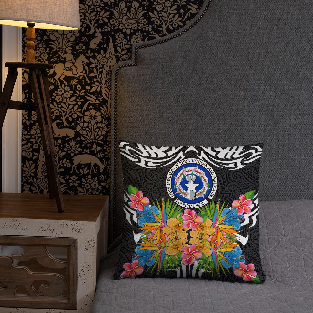 Northern Mariana Islands Pillow - Coat Of Arms With Tropical Flowers - Polynesian Pride