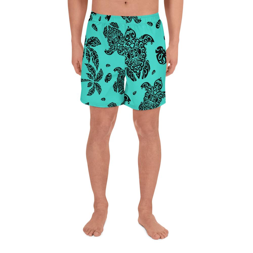 Polynesian Turtle Palm And Sea Pebbles Turquoise Men's Athletic Long Shorts Art - Polynesian Pride