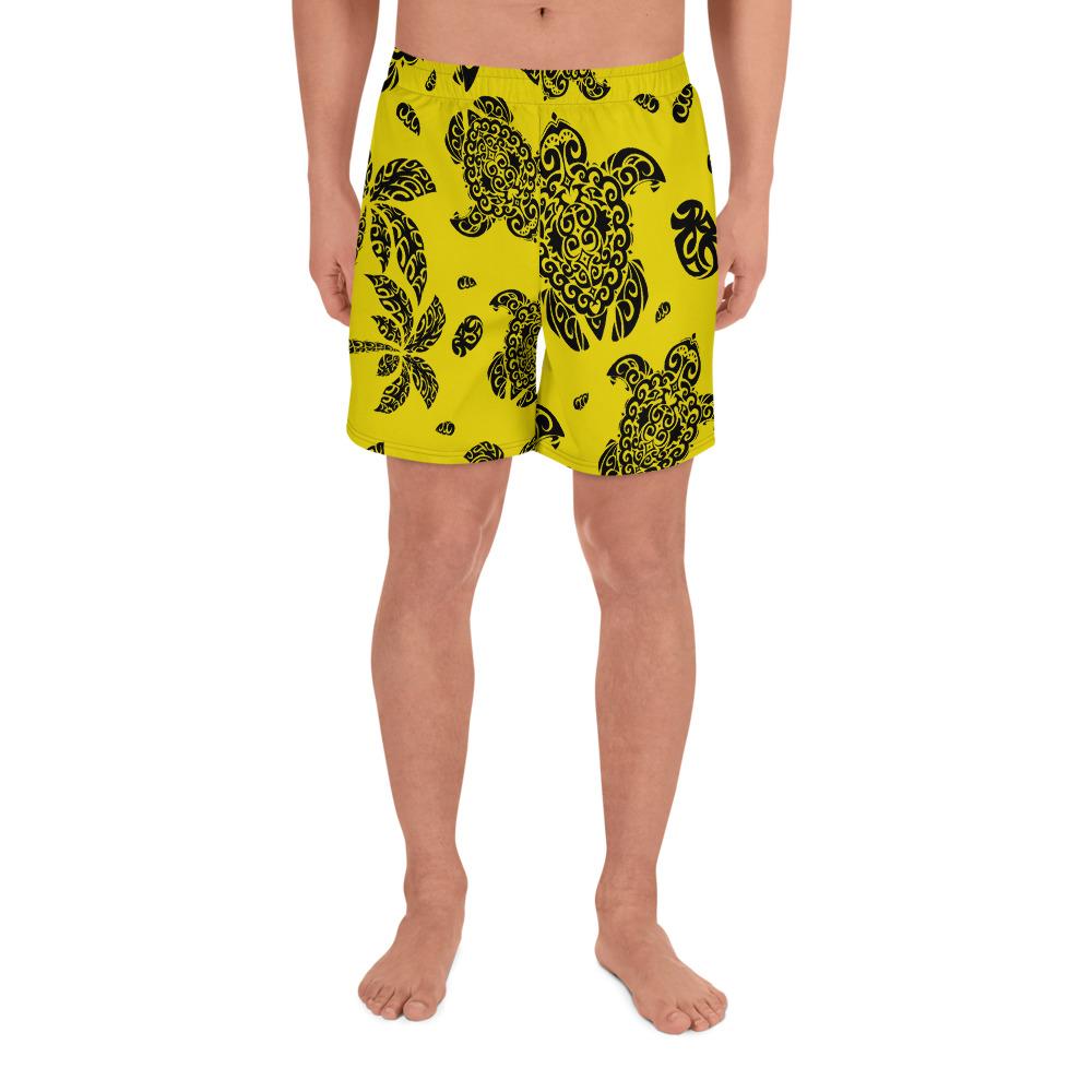 Polynesian Turtle Palm And Sea Pebbles Yellow Men's Athletic Long Shorts Art - Polynesian Pride