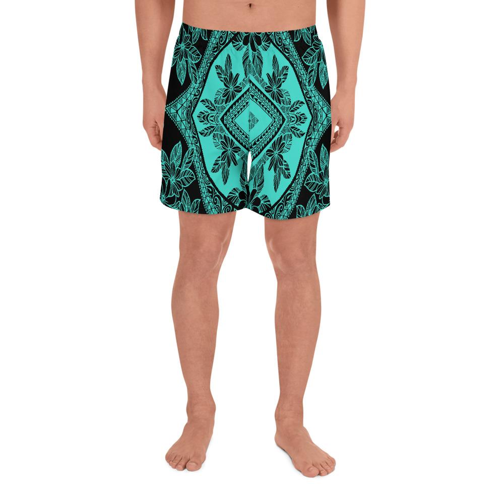 Polynesian Plumeria Mix Turquoise Black Men's Athletic Long Shorts Art - Polynesian Pride