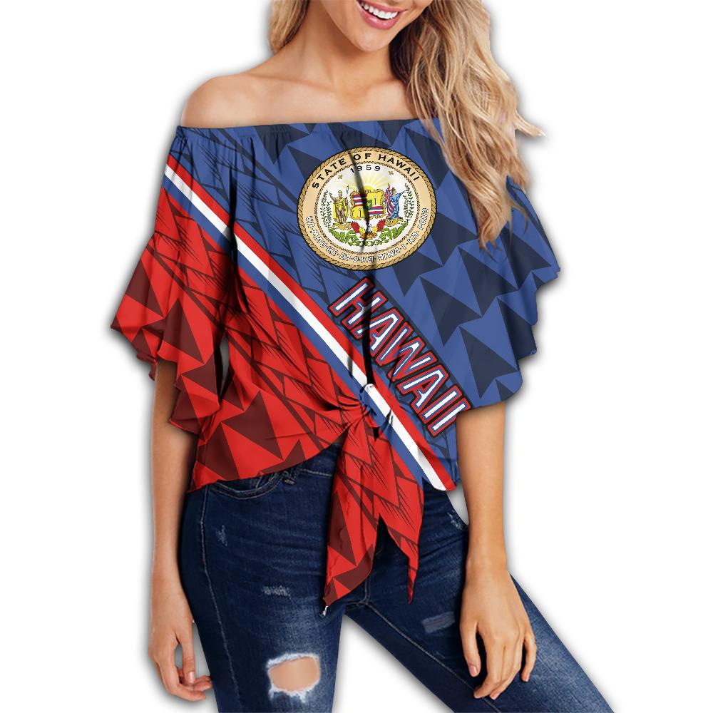 Hawaii Coat Of Arms Polynesian Off Shoulder Waist Top - Energetic - AH Female Blue - Polynesian Pride