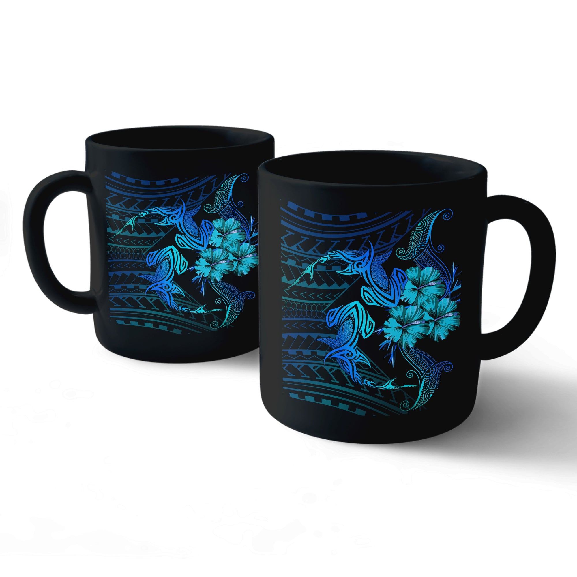 (Personalized) Hawaii Couple Shark Hibiscus Polynesian Mug - Blue - Mina Style - AH Mug 11oz Black - Polynesian Pride