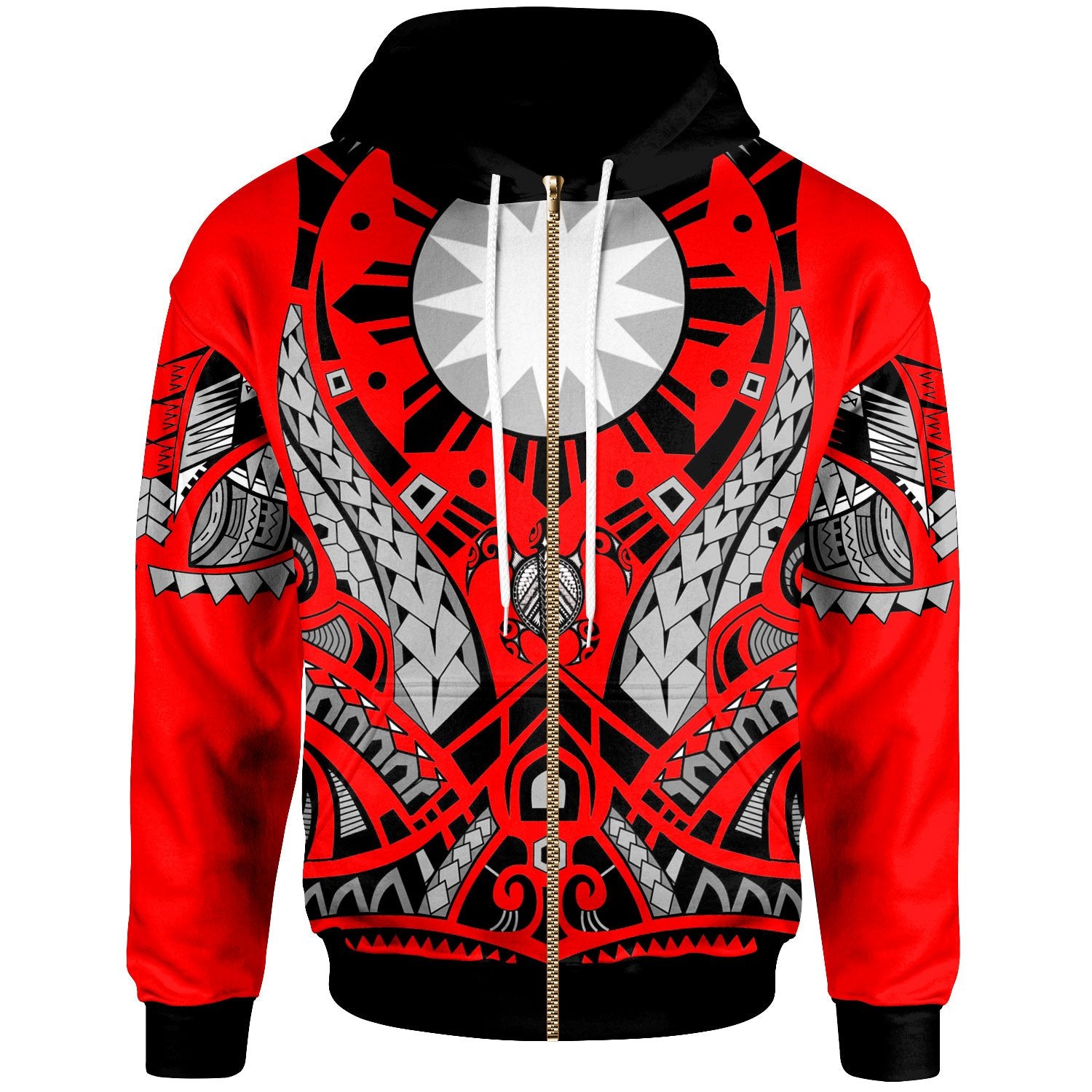 Nauru Zip Hoodie Tribal Sun Tattoo Red Color Unisex Red - Polynesian Pride