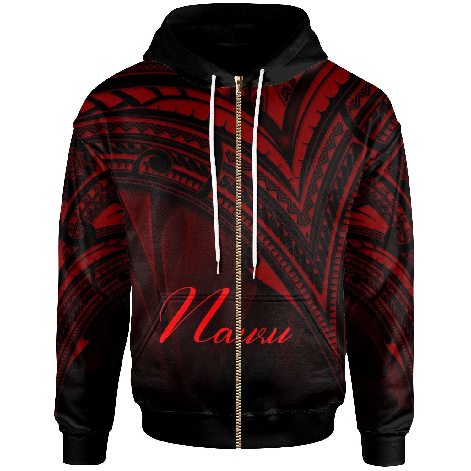 Nauru Zip Hoodie Red Color Cross Style Unisex Black - Polynesian Pride