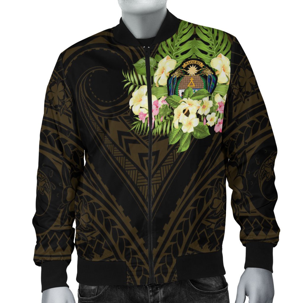 Nauru Men's Bomber Jacket - Polynesian Gold Patterns Collection Black - Polynesian Pride