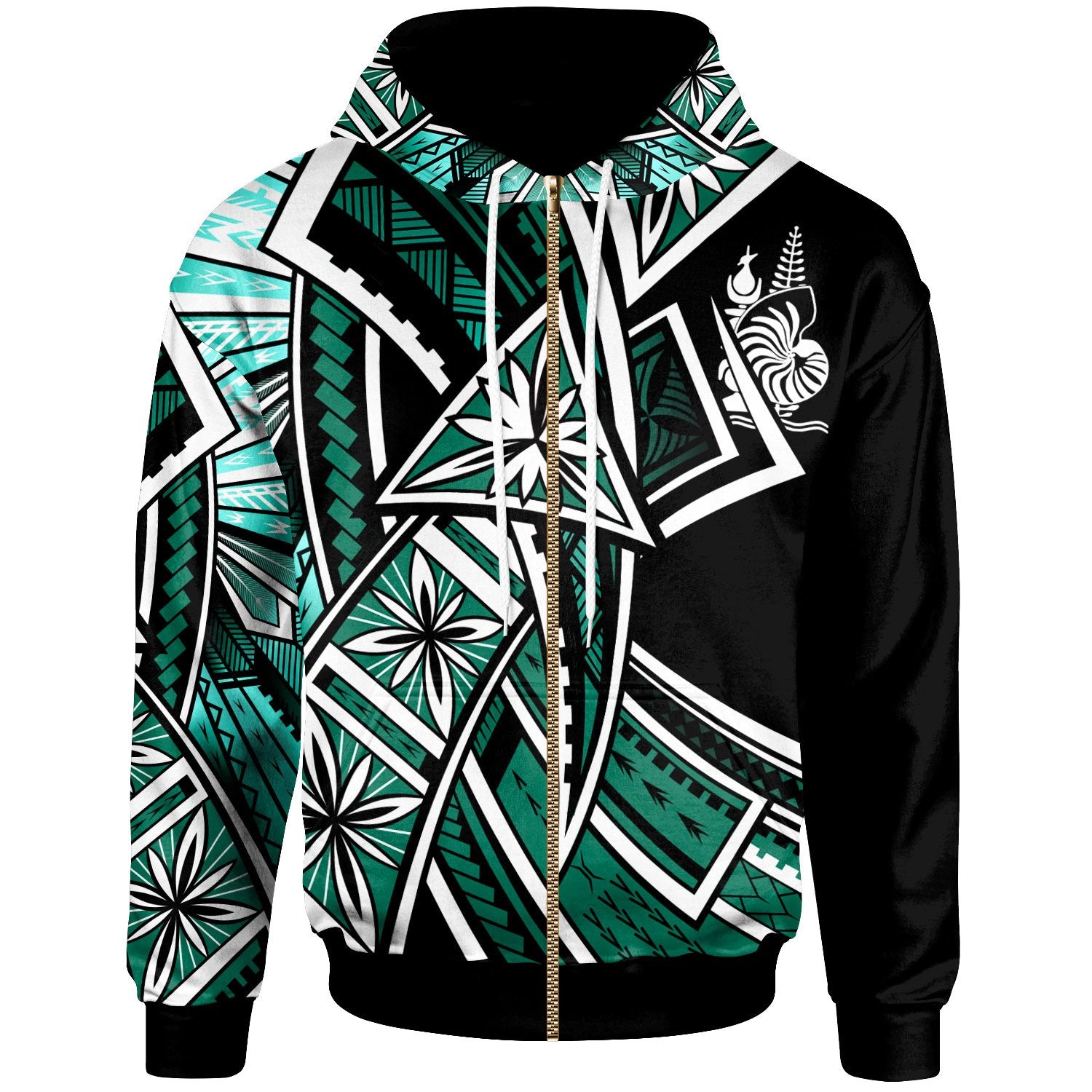 New Caledonia Zip up Hoodie Tribal Flower Special Pattern Green Color Unisex Green - Polynesian Pride