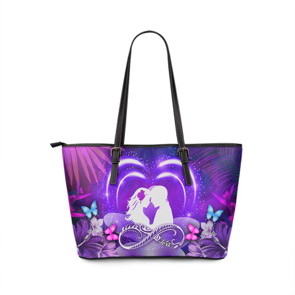 (Personalized) Hawaiian Couple Hibiscus Valentine Leather Tote - Bliss Style AH Purple - Polynesian Pride