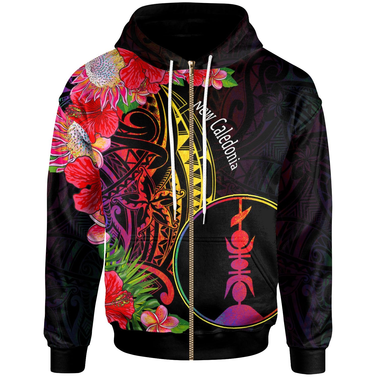 New Caledonia Zip Hoodie Tropical Hippie Style Unisex Black - Polynesian Pride