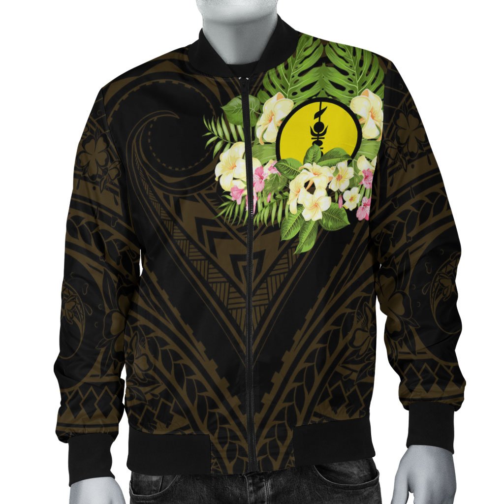 New Caledonia Men's Bomber Jacket - Polynesian Gold Patterns Collection Black - Polynesian Pride