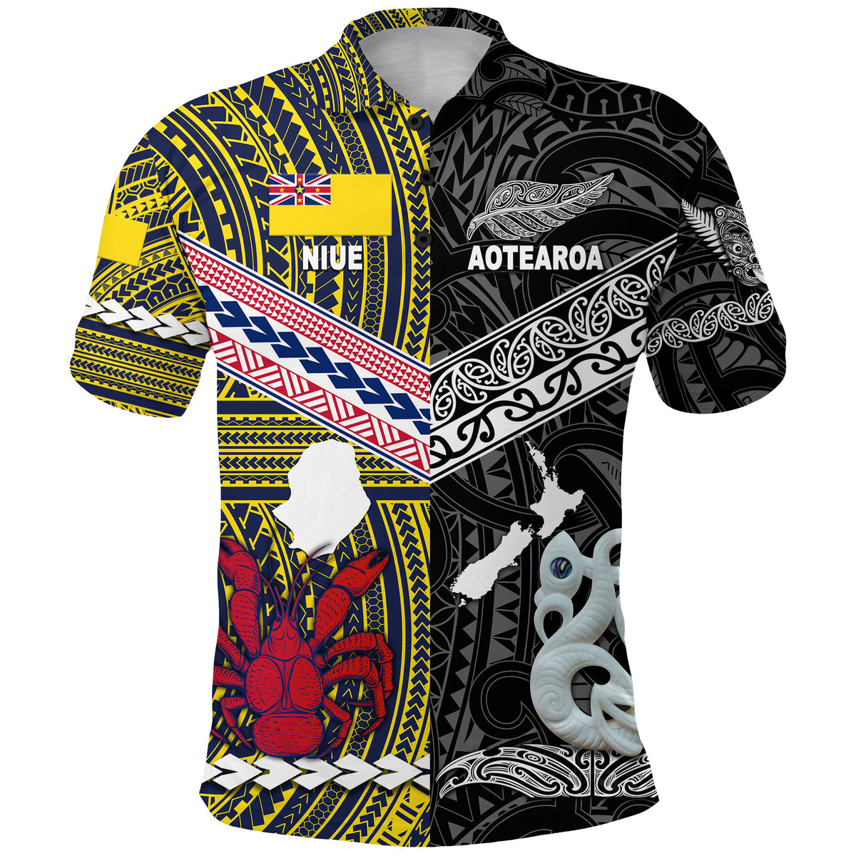 Custom New Zealand Niue Polo Shirt Maori and Polynesian Together Black, Custom Text and Number LT8 - Polynesian Pride