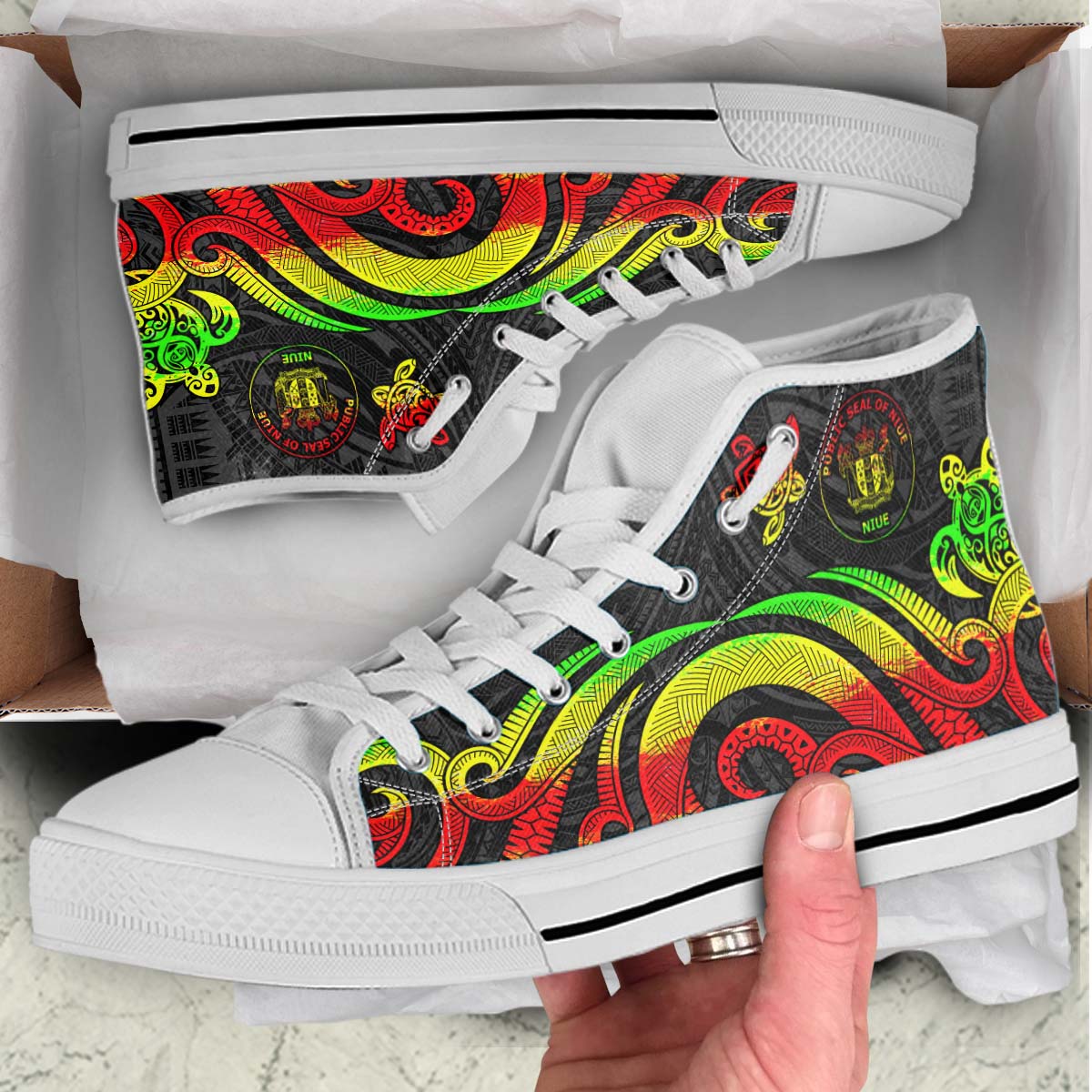 Niue High Top Shoes - Reggae Tentacle Turtle Unisex White - Polynesian Pride