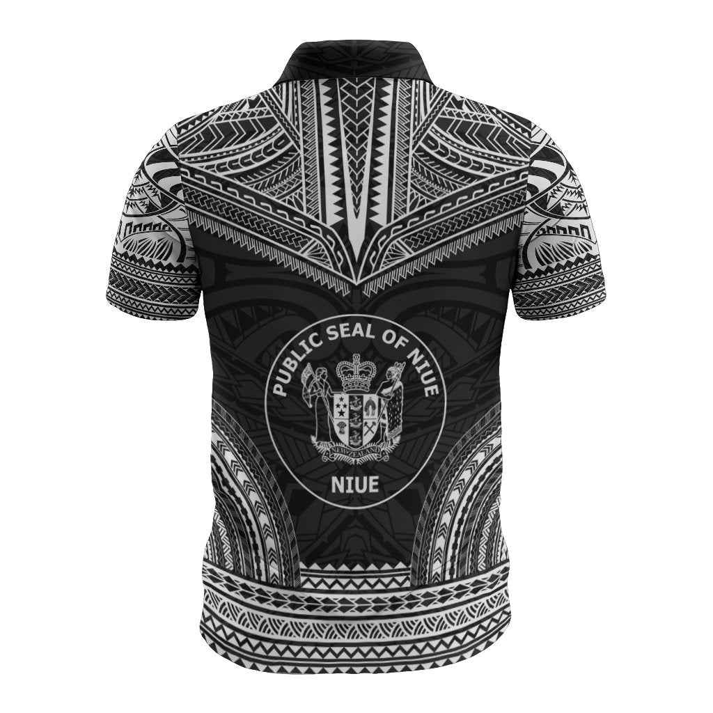 Niue Polo Shirt Seal Coat Of Arms Polynesian Chief Tattoo Black Version - Polynesian Pride