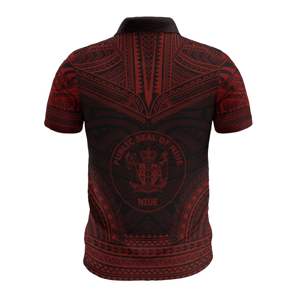 Niue Polo Shirt Seal Coat Of Arms Polynesian Chief Tattoo Red Version - Polynesian Pride