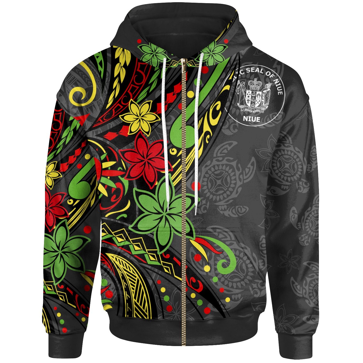 Niue Zip Hoodie Tribal Flower With Special Turtles Unisex Black - Polynesian Pride