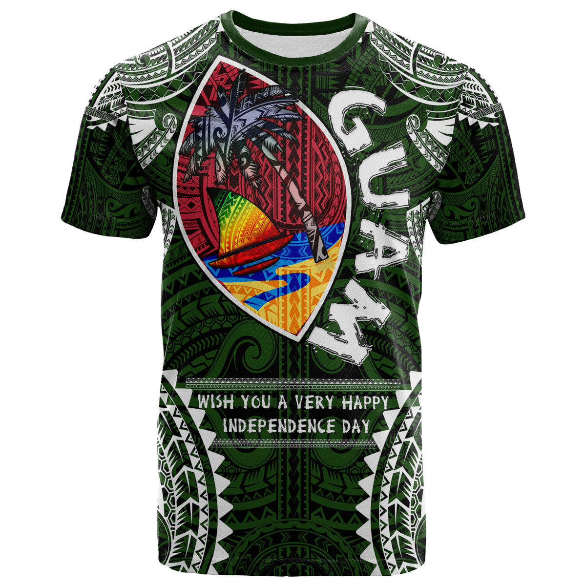 Guam T Shirt Custom Guam Independence Day Wish You A Very Happy Independence Day With Polynesian Patterns LT10 Green - Polynesian Pride