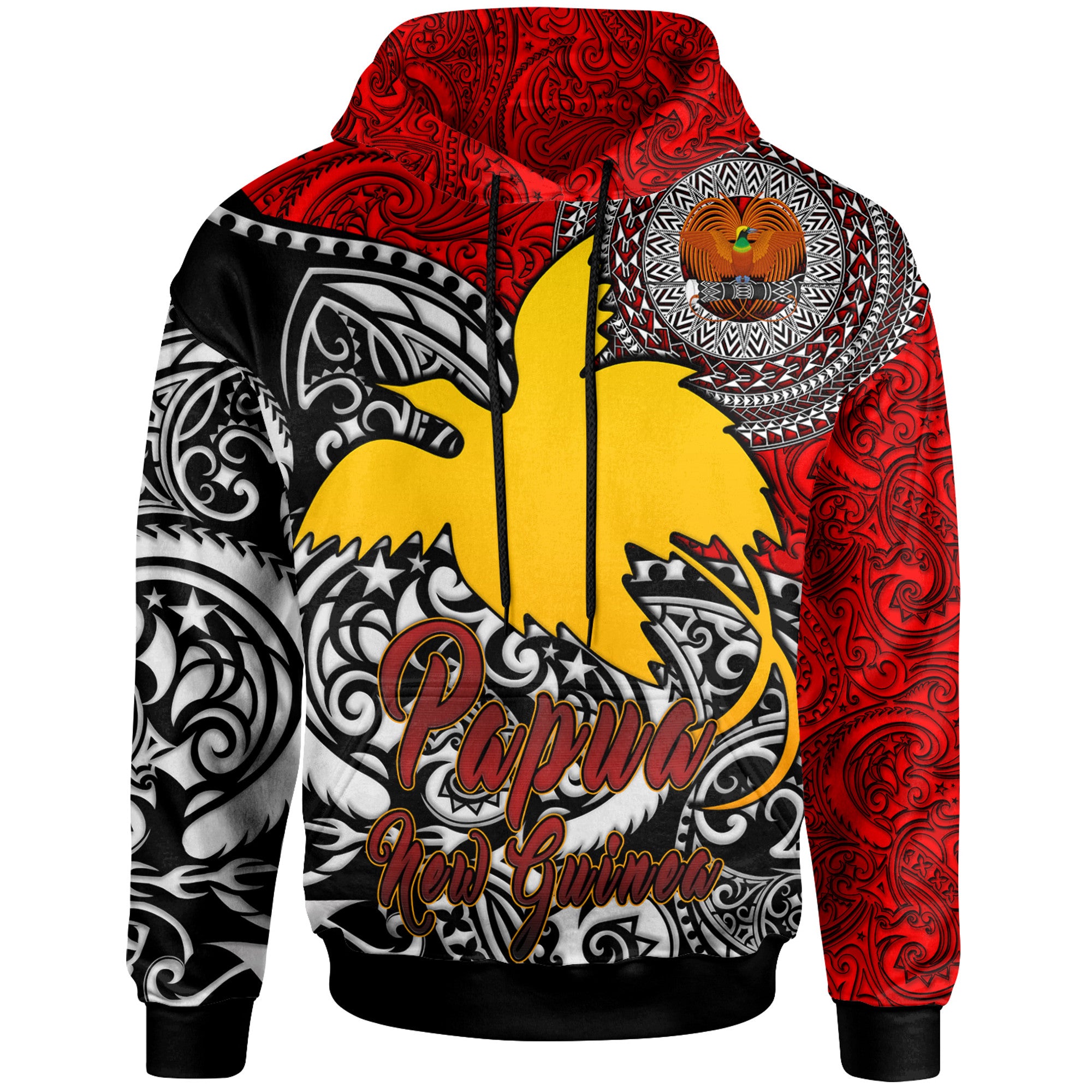 Papua New Guinea Hoodie Custom Emblem of Papua New Guinea With Polynesian Patterns Hoodie Red - Polynesian Pride