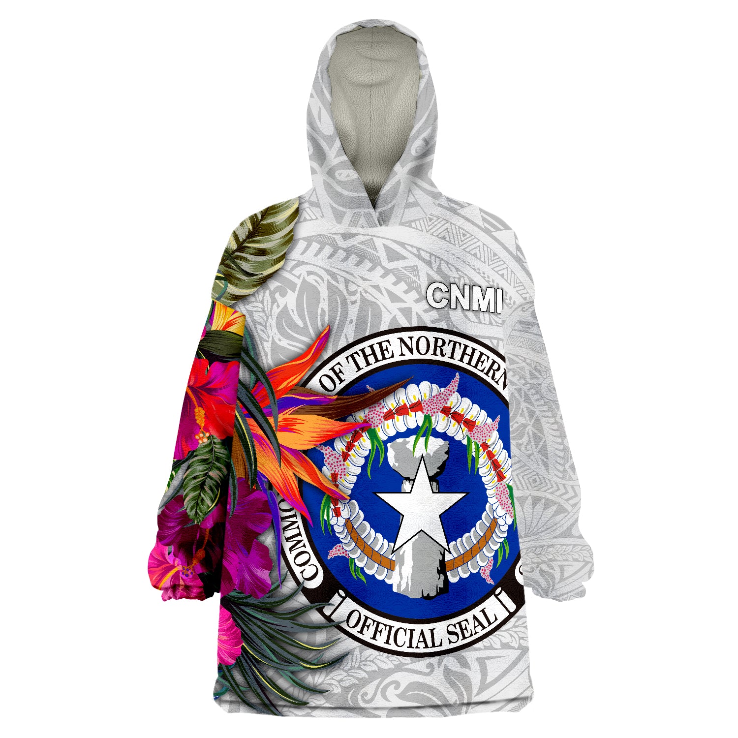 Northern Mariana Islands Hibiscus Polynesian White pattern Wearable Blanket Hoodie LT9 Unisex One Size - Polynesian Pride