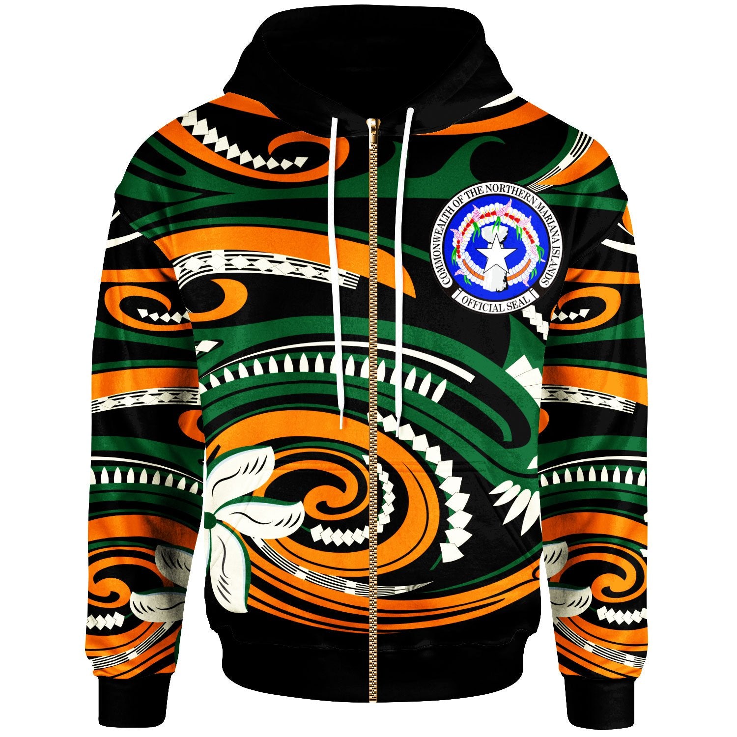 Northern Mariana Islands Zip Hoodie Vortex Style Unisex Green Orange - Polynesian Pride