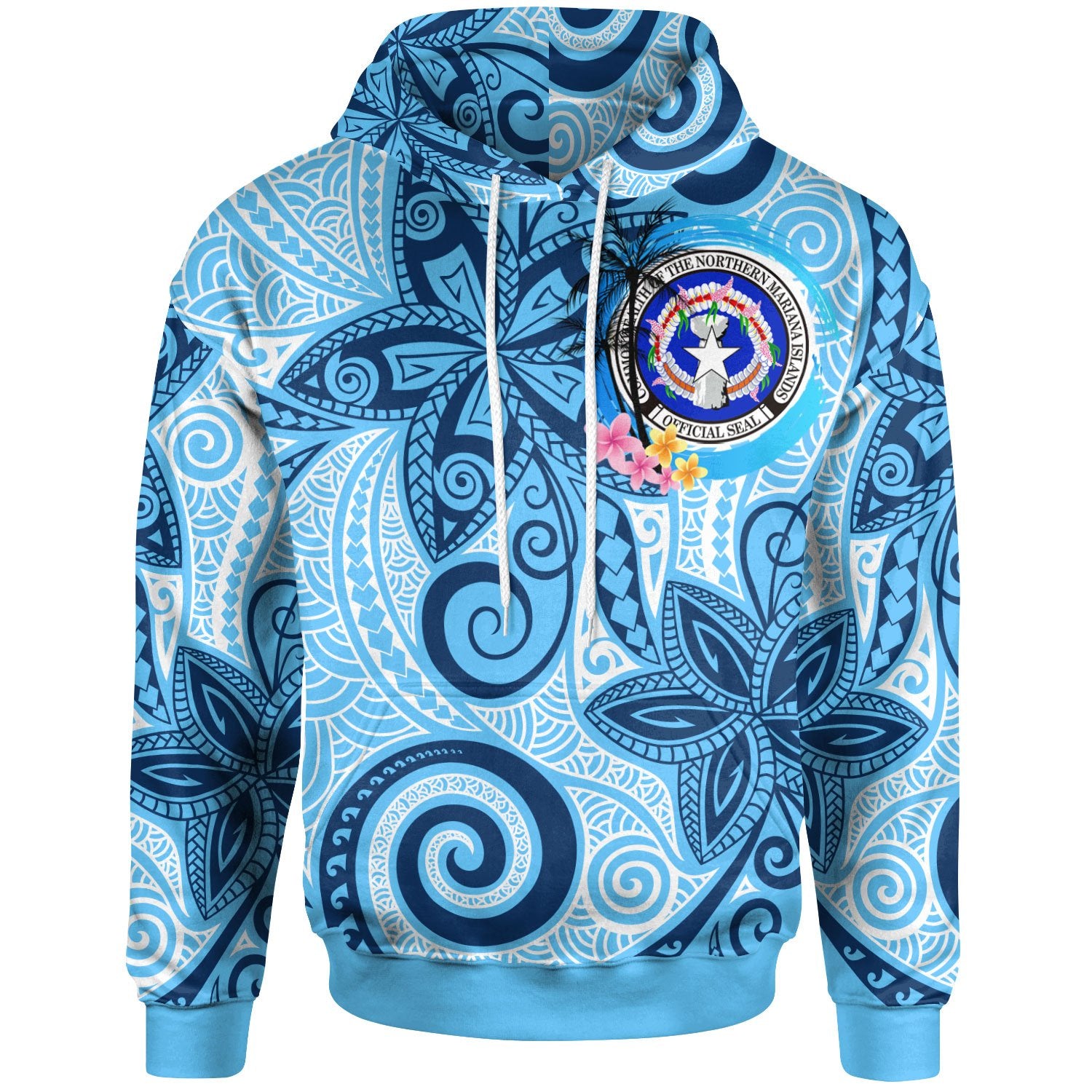 Northern Mariana Islands Hoodie Tribal Plumeria Pattern Unisex Blue - Polynesian Pride