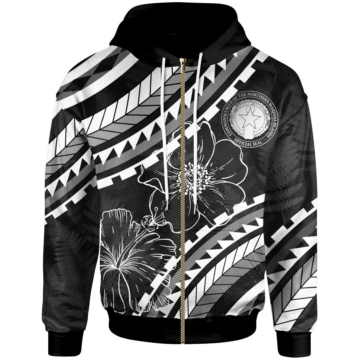 CNMI Zip Hoodie Palm Leaf Texture Black Unisex Black - Polynesian Pride