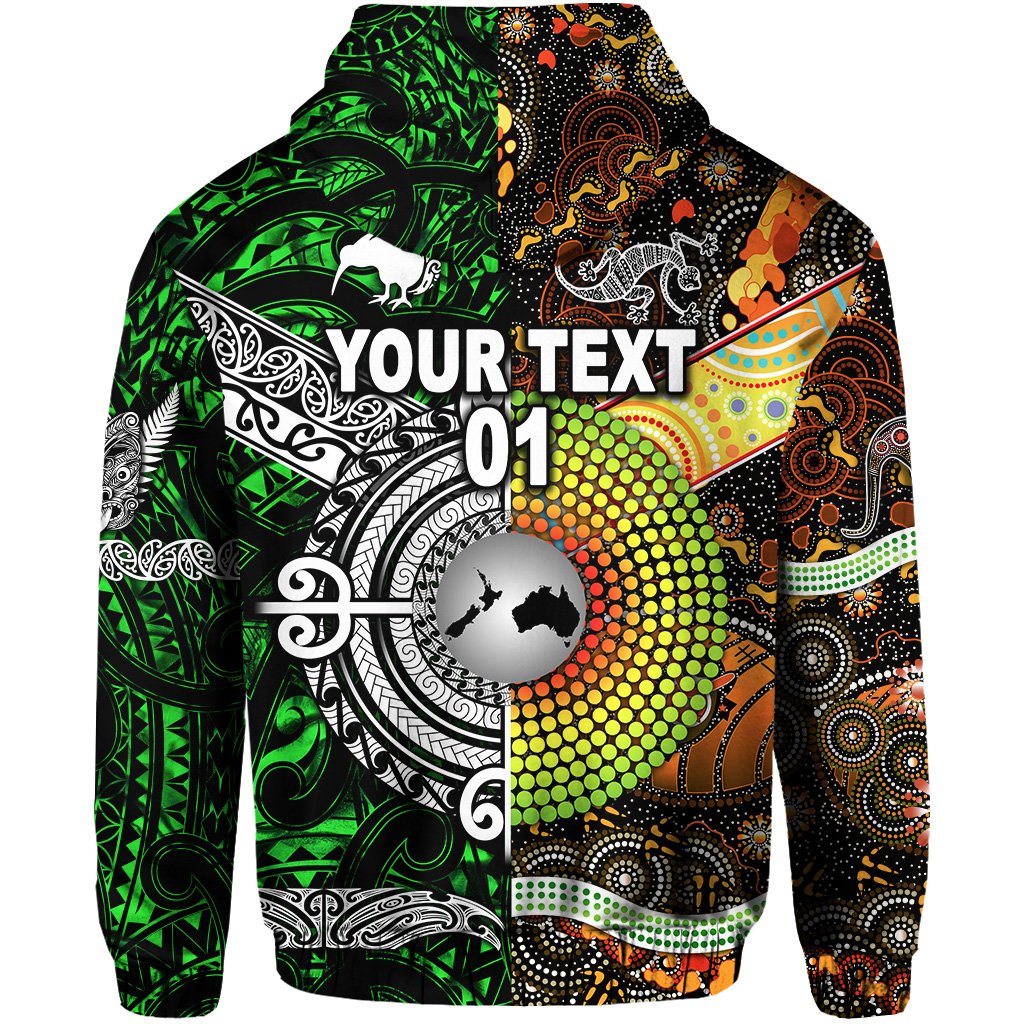 Custom New Zealand Australia Zip Hoodie for Kid Maori and Aboriginal Together Green, Custom Text and Number LT8 - Polynesian Pride