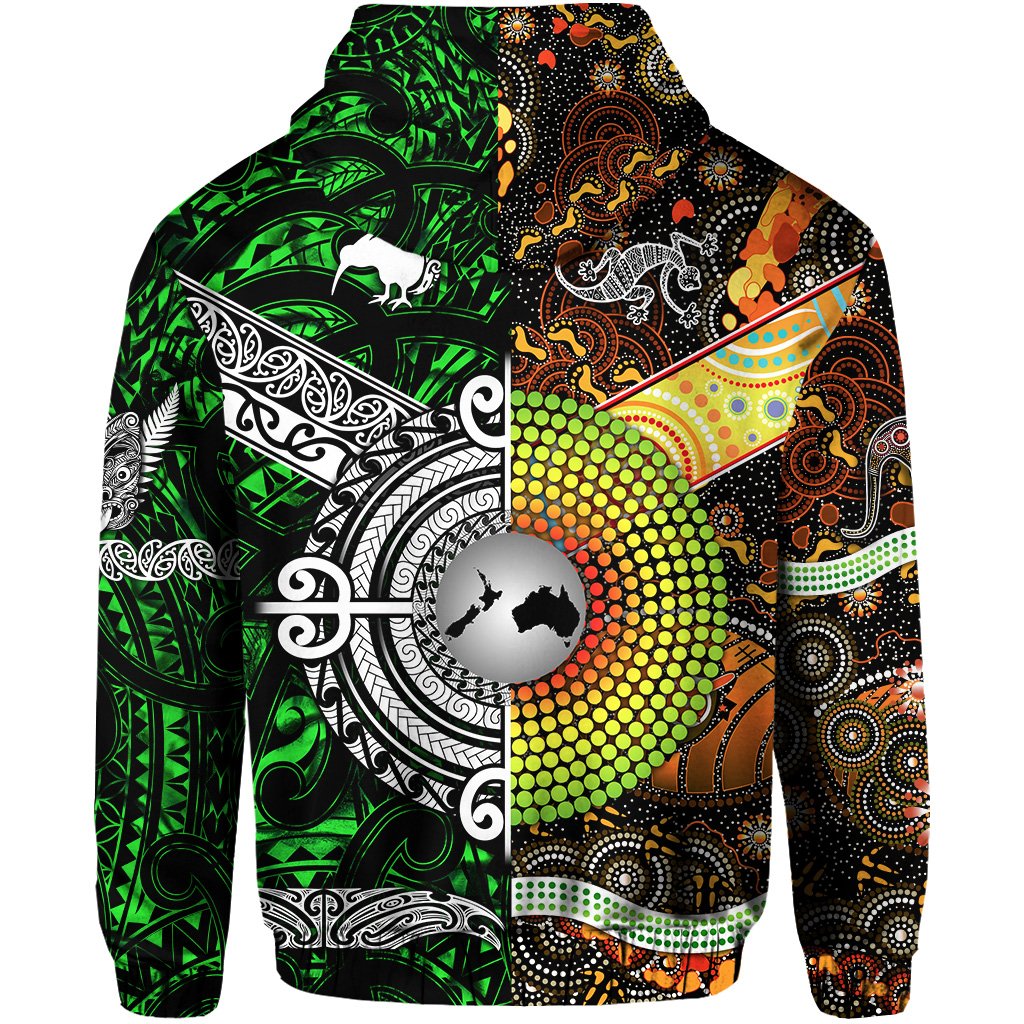 New Zealand Australia Zip Hoodie for Kid Maori and Aboriginal Together Green LT8 - Polynesian Pride