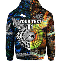 Custom New Zealand Australia Hoodie Maori and Aboriginal Together Blue, Custom Text and Number LT8 - Polynesian Pride