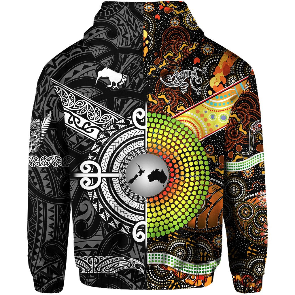Custom New Zealand Australia Hoodie Maori and Aboriginal Together Black LT8 - Polynesian Pride