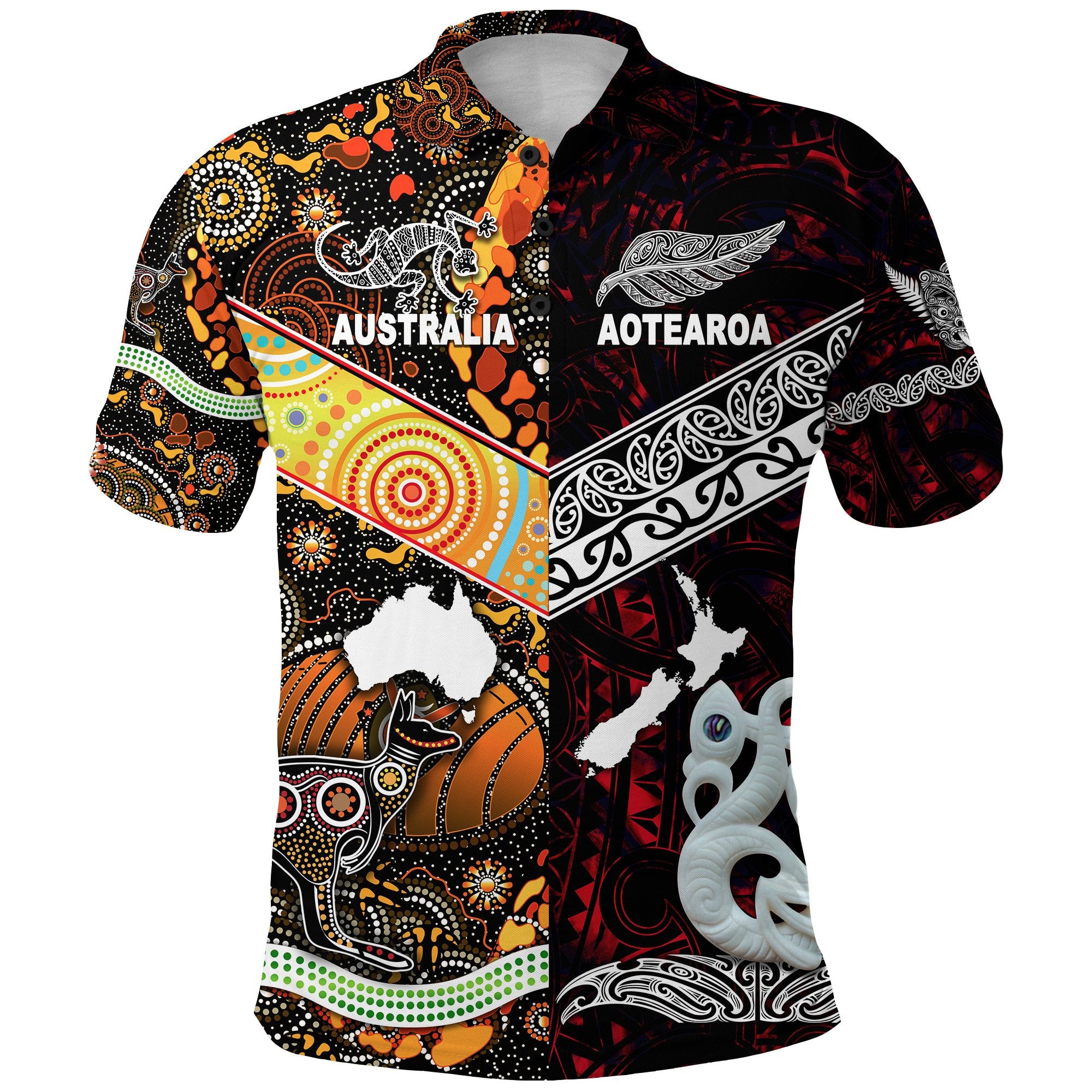 New Zealand Australia Polo Shirt Maori and Aboriginal Together Red LT8 Black - Polynesian Pride