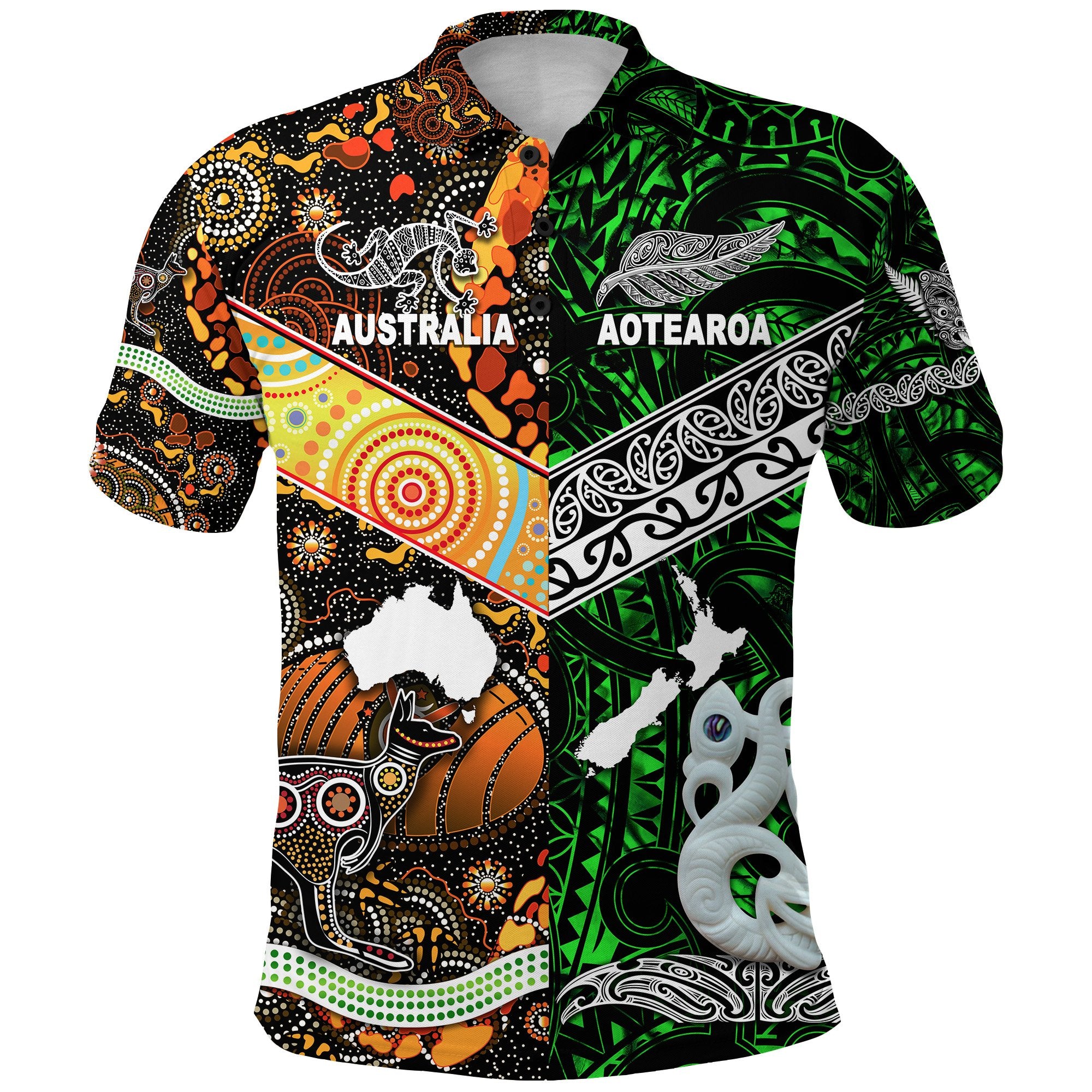 New Zealand Australia Polo Shirt Maori and Aboriginal Together Green LT8 Black - Polynesian Pride