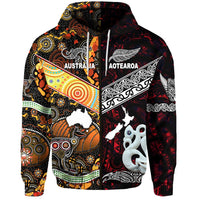 Custom New Zealand Australia Zip Hoodie for Kid Maori and Aboriginal Together Red, Custom Text and Number LT8 - Polynesian Pride