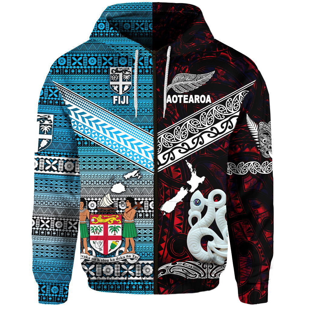 New Zealand Fiji Zip Hoodie Maori and Tapa Together Red LT8 - Polynesian Pride