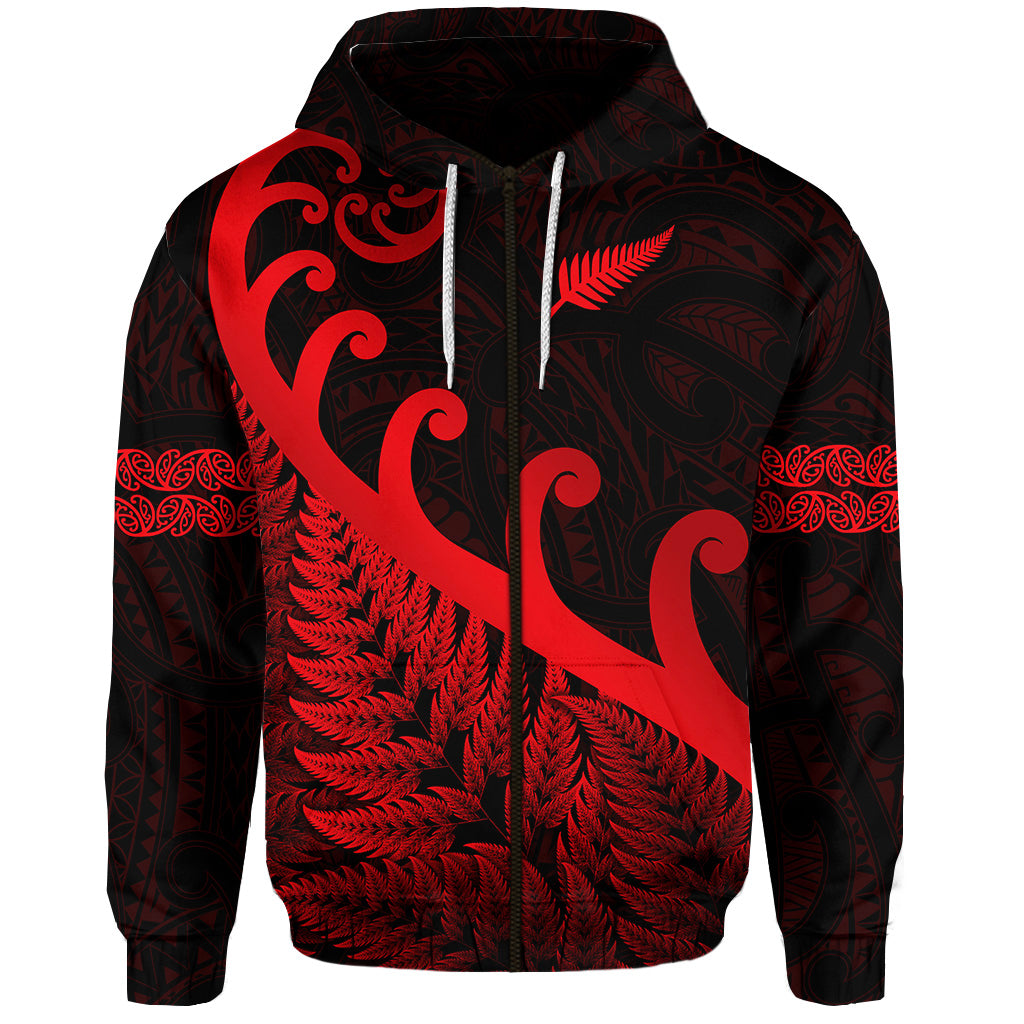 Custom New Zealand Rugby Maori Zip Hoodie Silver Fern Koru Vibes Red LT8 - Polynesian Pride