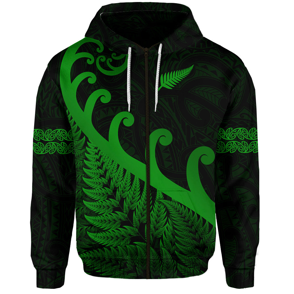 Custom New Zealand Rugby Maori Zip Hoodie Silver Fern Koru Vibes Green LT8 - Polynesian Pride