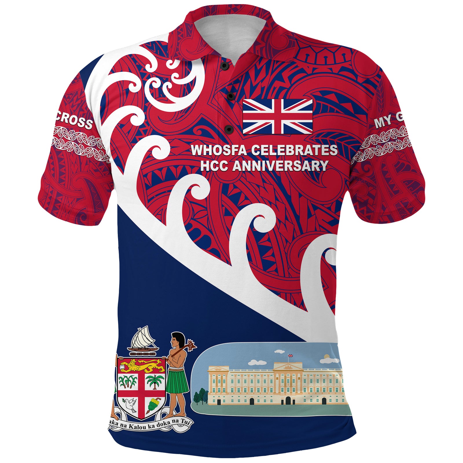 Whosfa Celebrates HCC Anniversary Fiji United Kingdom Polo Shirt Silver Fern Koru Vibes Navy Blue LT8 Red - Polynesian Pride