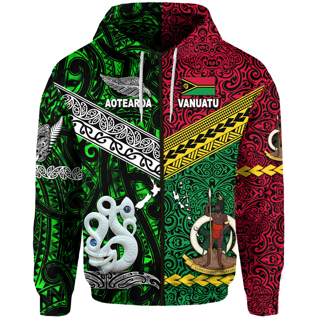 Custom Vanuatu New Zealand Zip Hoodie Together Green, Custom Text and Number LT8 - Polynesian Pride