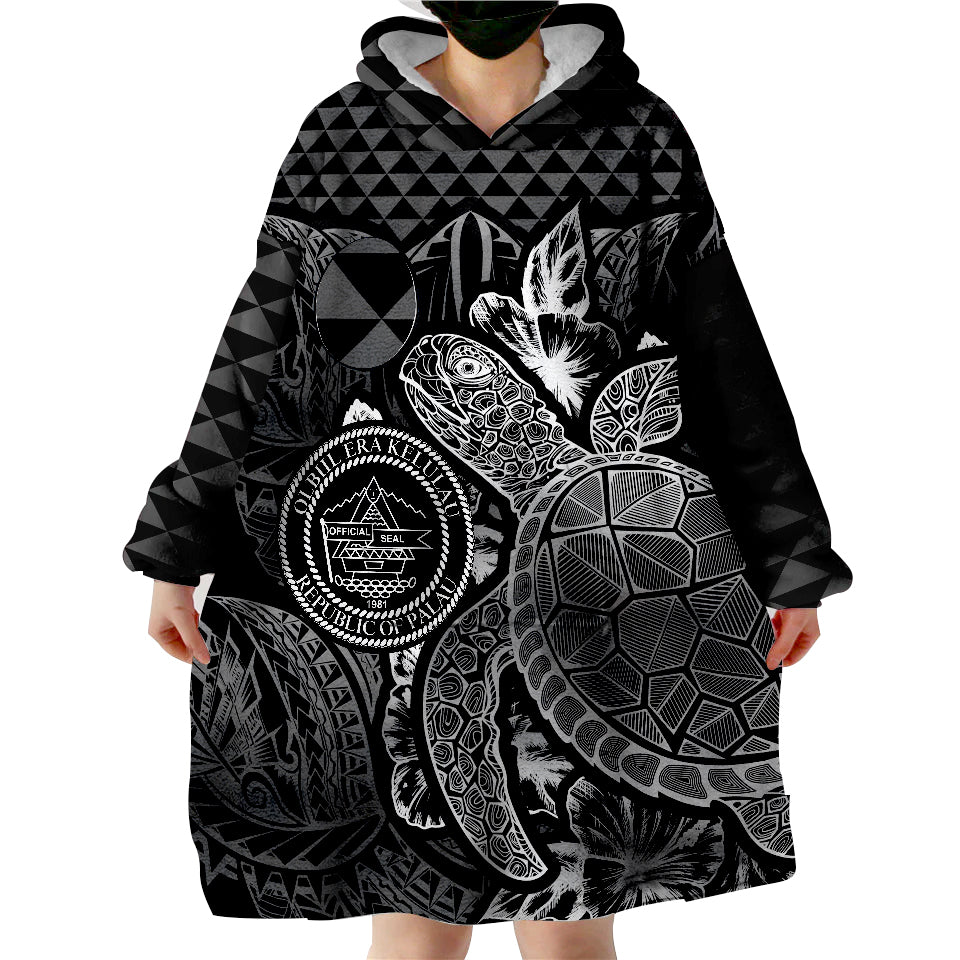 Palau Flag Turtle Hibiscus Black Wearable Blanket Hoodie LT9 - Polynesian Pride