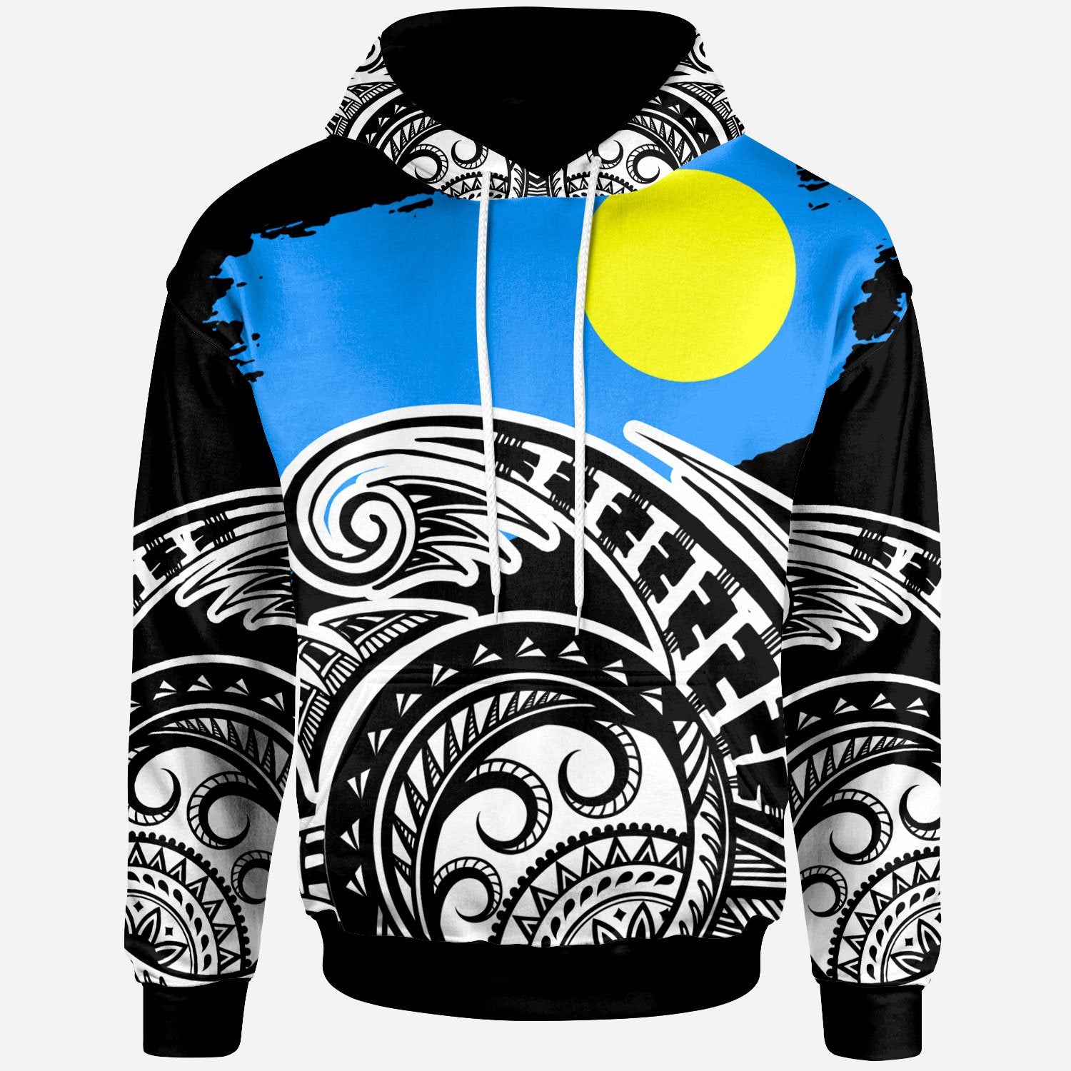 Palau Custom Hoodie Ethnic Style With Round Black White Pattern Unisex Black - Polynesian Pride