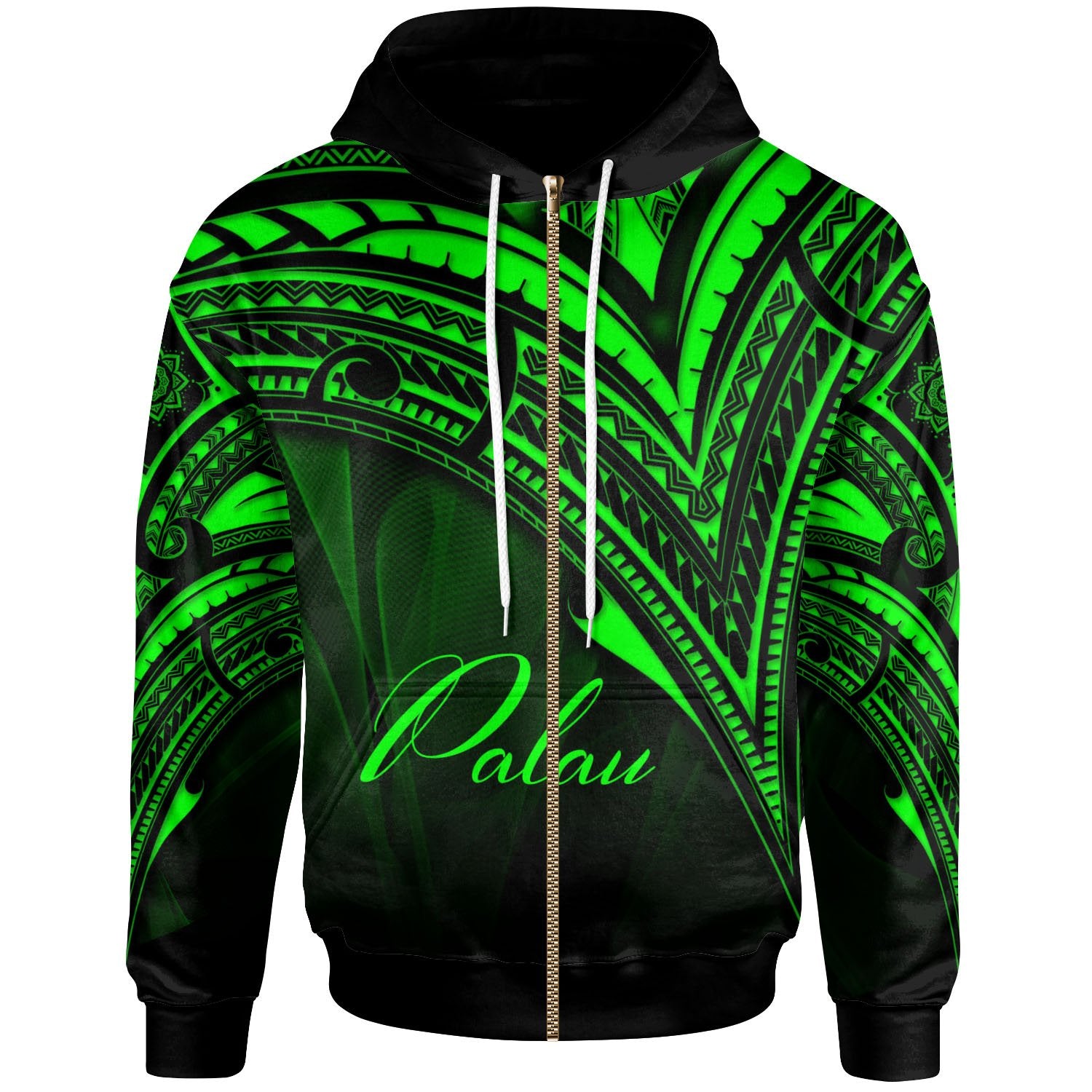 Palau Zip Hoodie Green Color Cross Style Unisex Black - Polynesian Pride